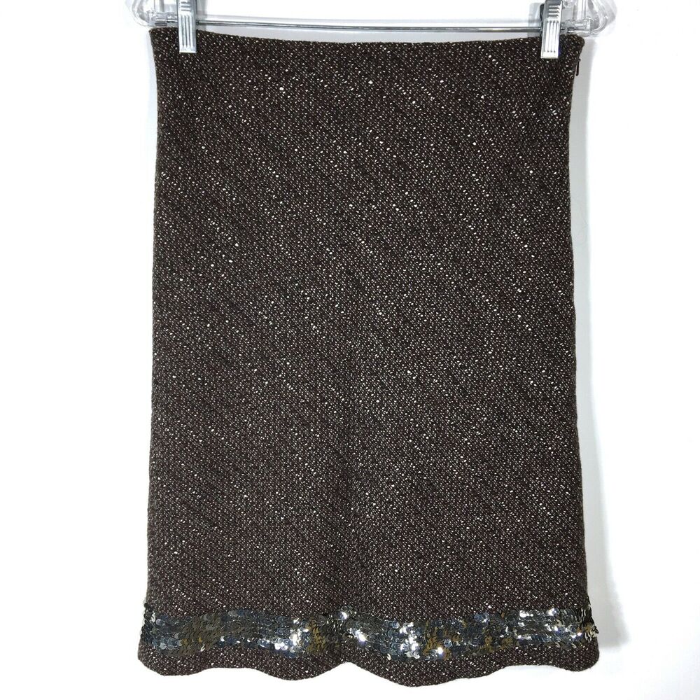VTG 2004 The Limited Brown Below Knee Skirt Womens 6 Tweed Wool Blend Sequin Hem